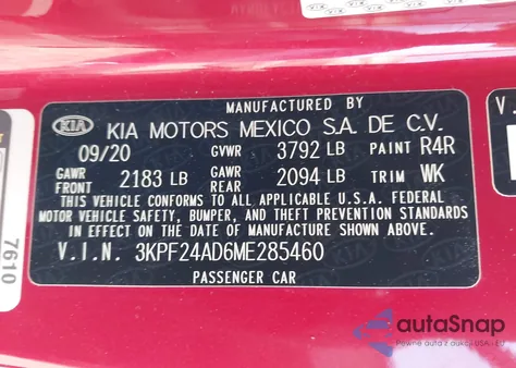 2021 Kia Forte Lxs z USA, uszkodzony, nr VIN 3KPF24AD6ME285460